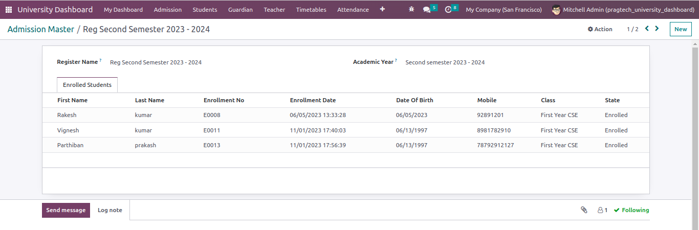 screenshot of odoo university management sofiware